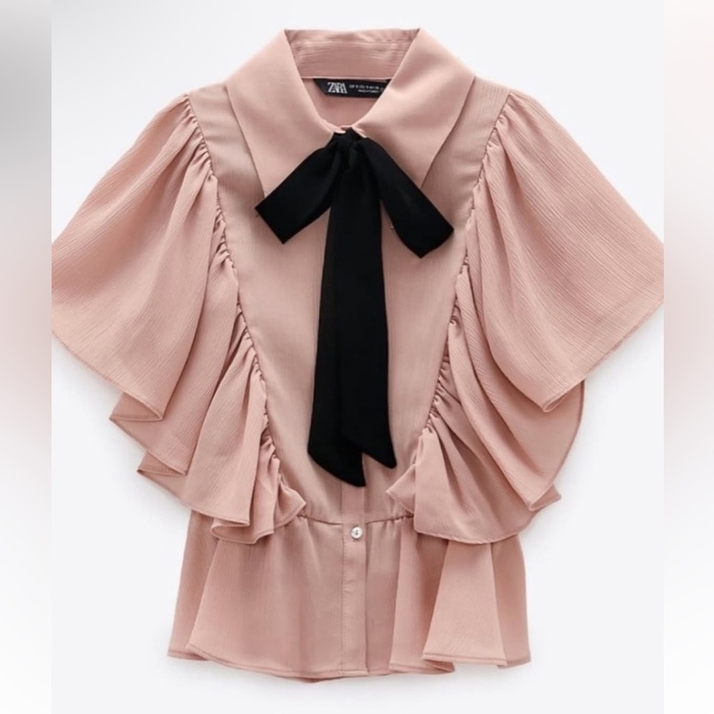 Zara Blush Pink Ruffle Blouse with Black Bow Tie